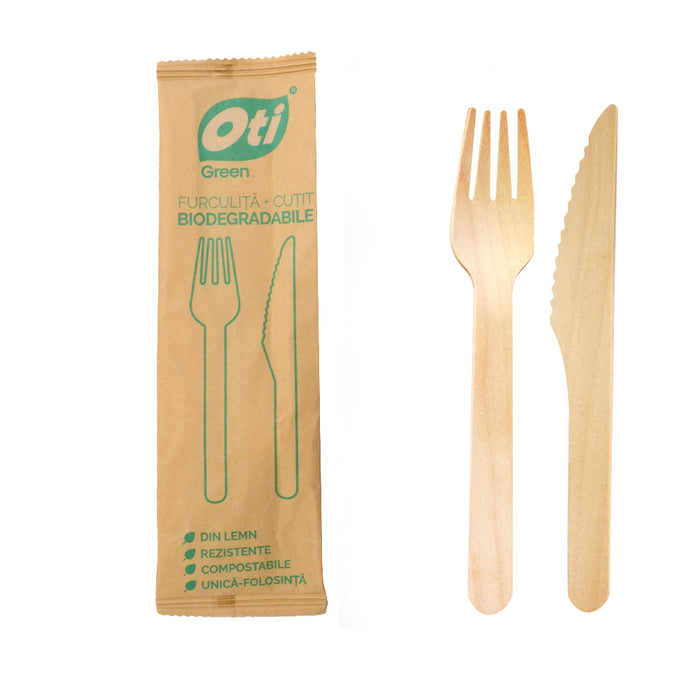 Set tacamuri din lemn biodegradabile in ambalaj hartie, furculita+cutit, 50 seturi/pachet