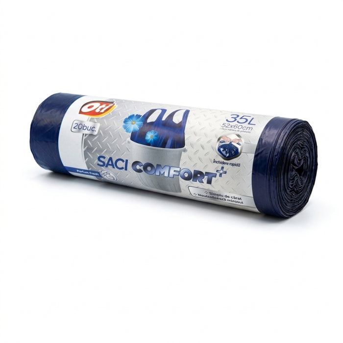 Saci menajeri COMFORT+ cu manere, 35L, albastru, 20 buc./rola, parfum Fresh