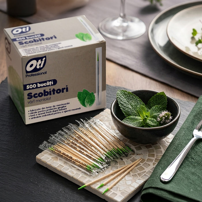 Scobitori din mesteacan cu varf mentolat, ambalate individual, 500 buc./cutie