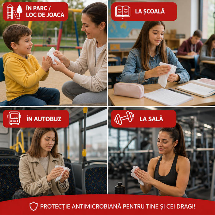 Servetele umede antimicrobiene, ambalate individual, 30 buc./cutie